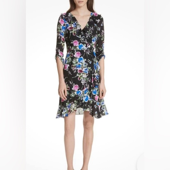 Milly 100% Silk Floral Wrap Dress - Black with Pink and Blue Accents - Picture 7 of 7